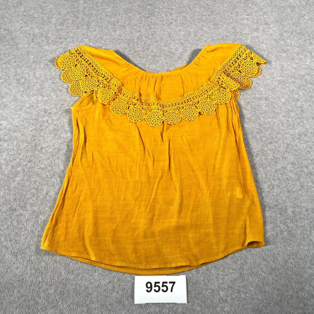 Perception Concept Blouse Top Womens Medium Mustard Yellow Lace Detail Rayon